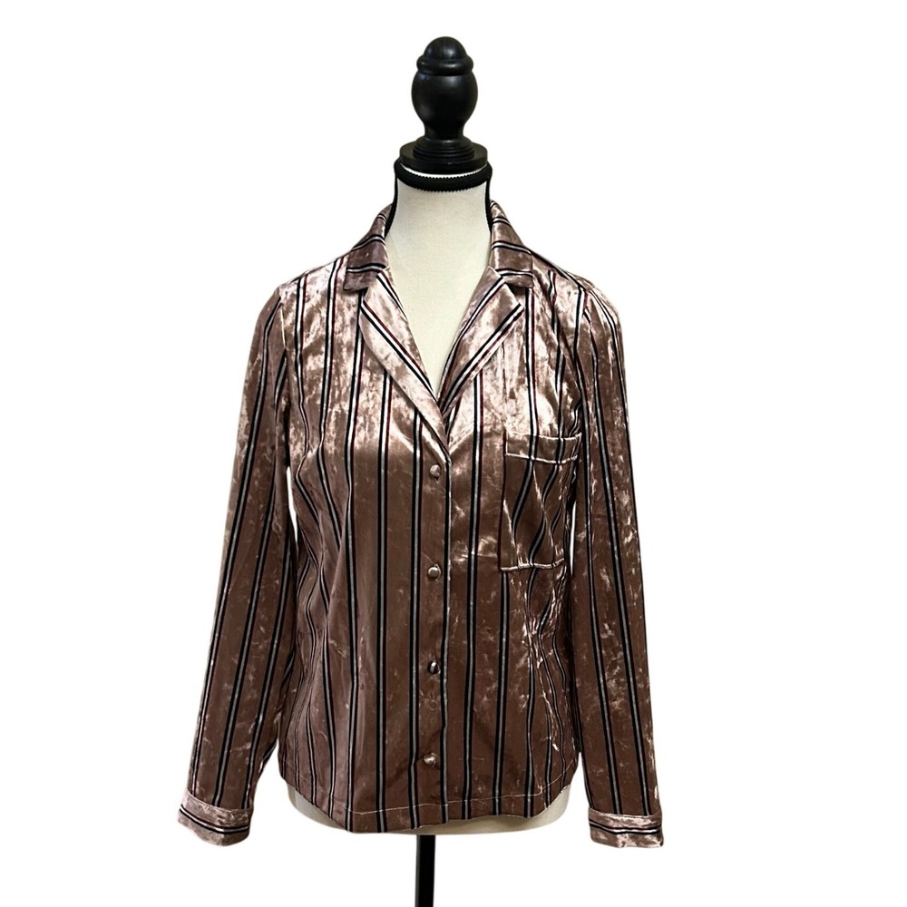 Forever 21 Contemporary Striped Crushed Velvet Shirt Top XS Mauve Black White‎